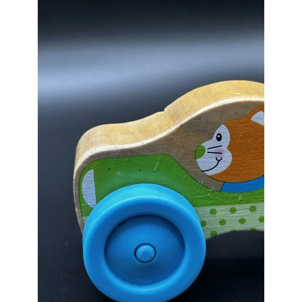 Melissa and Doug Stackable Car Wooden Toy orange‎ cat driver blue wheels 4”